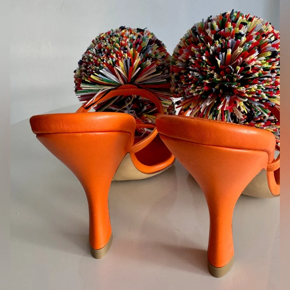 Bottega Veneta *NEW* Leather Orange Multicolor Pom Pom Heels- Size 6.5 US - Picture 4 of 10